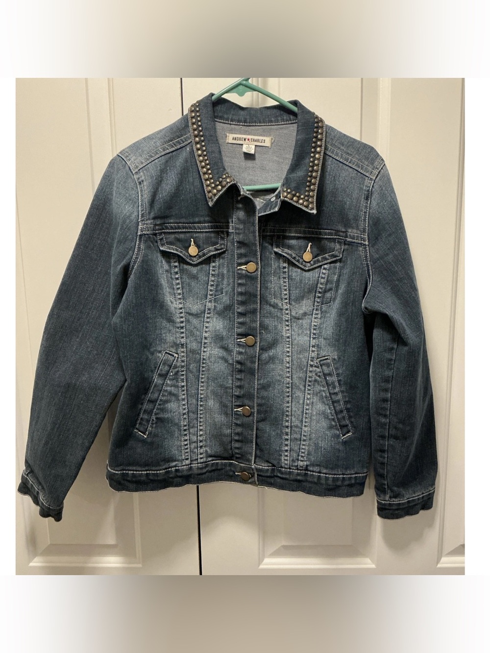 Andrew Charles Jean Jacket Embroidered Eagle Wings & Studded Collar Size L EUC